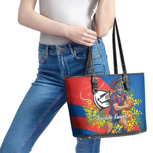 Newcastle Knights Leather Tote Bag Golden Wattle Floral Polynesian - Australian Flower - Rugby Mascot