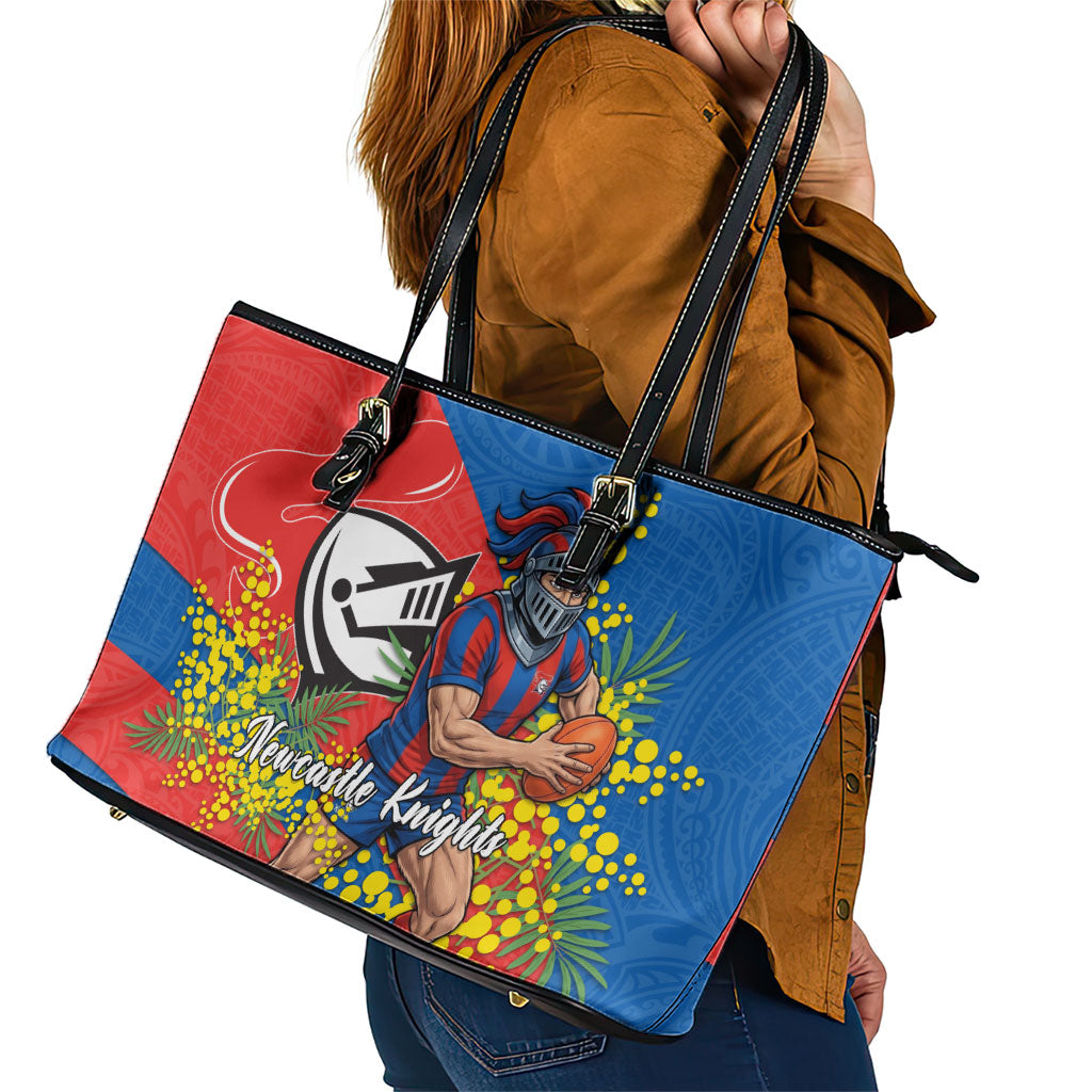 Newcastle Knights Leather Tote Bag Golden Wattle Floral Polynesian - Australian Flower - Rugby Mascot