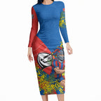 Newcastle Knights Long Sleeve Bodycon Dress Golden Wattle Floral Polynesian - Australian Flower - Rugby Mascot
