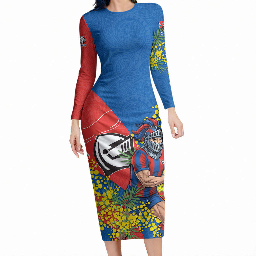 Newcastle Knights Long Sleeve Bodycon Dress Golden Wattle Floral Polynesian - Australian Flower - Rugby Mascot