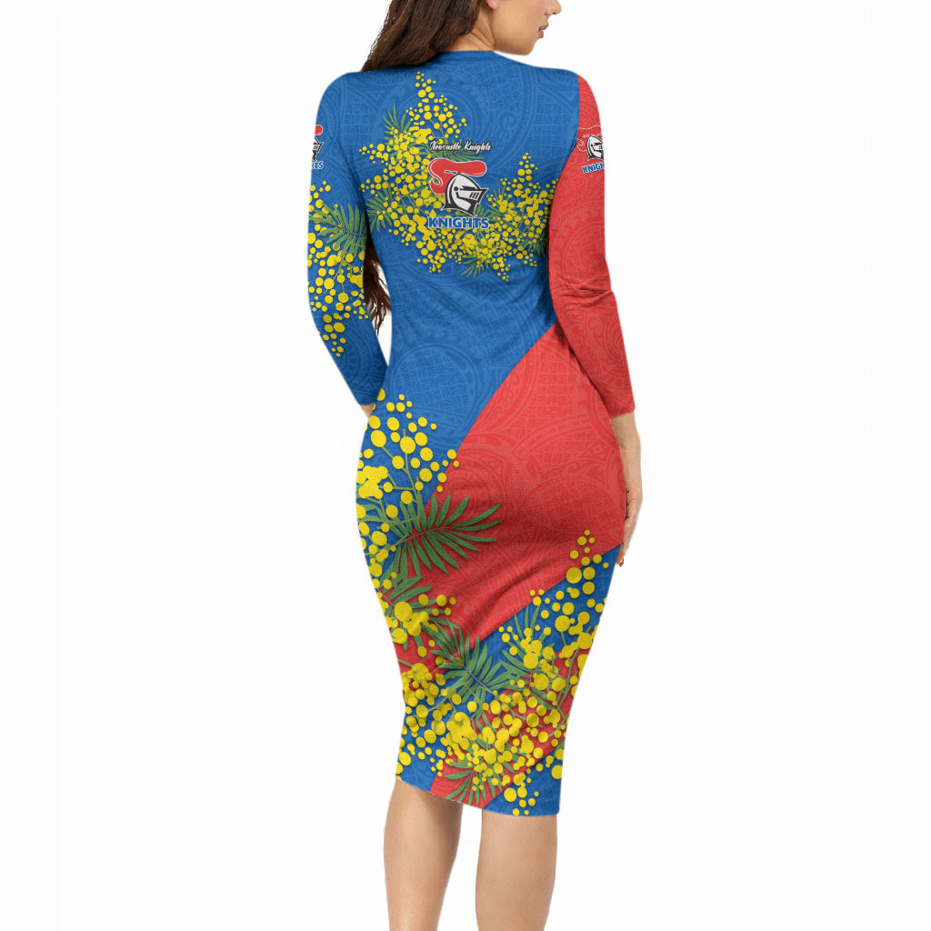 Newcastle Knights Long Sleeve Bodycon Dress Golden Wattle Floral Polynesian - Australian Flower - Rugby Mascot
