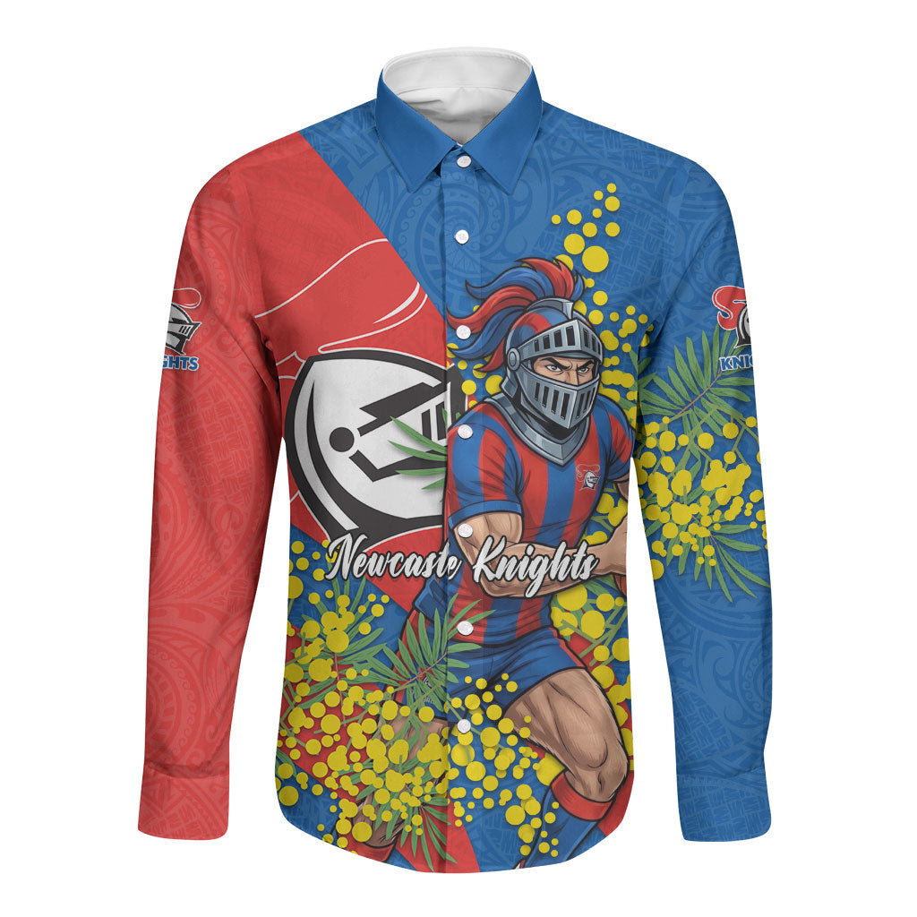 Newcastle Knights Long Sleeve Button Shirt Golden Wattle Floral Polynesian - Australian Flower - Rugby Mascot