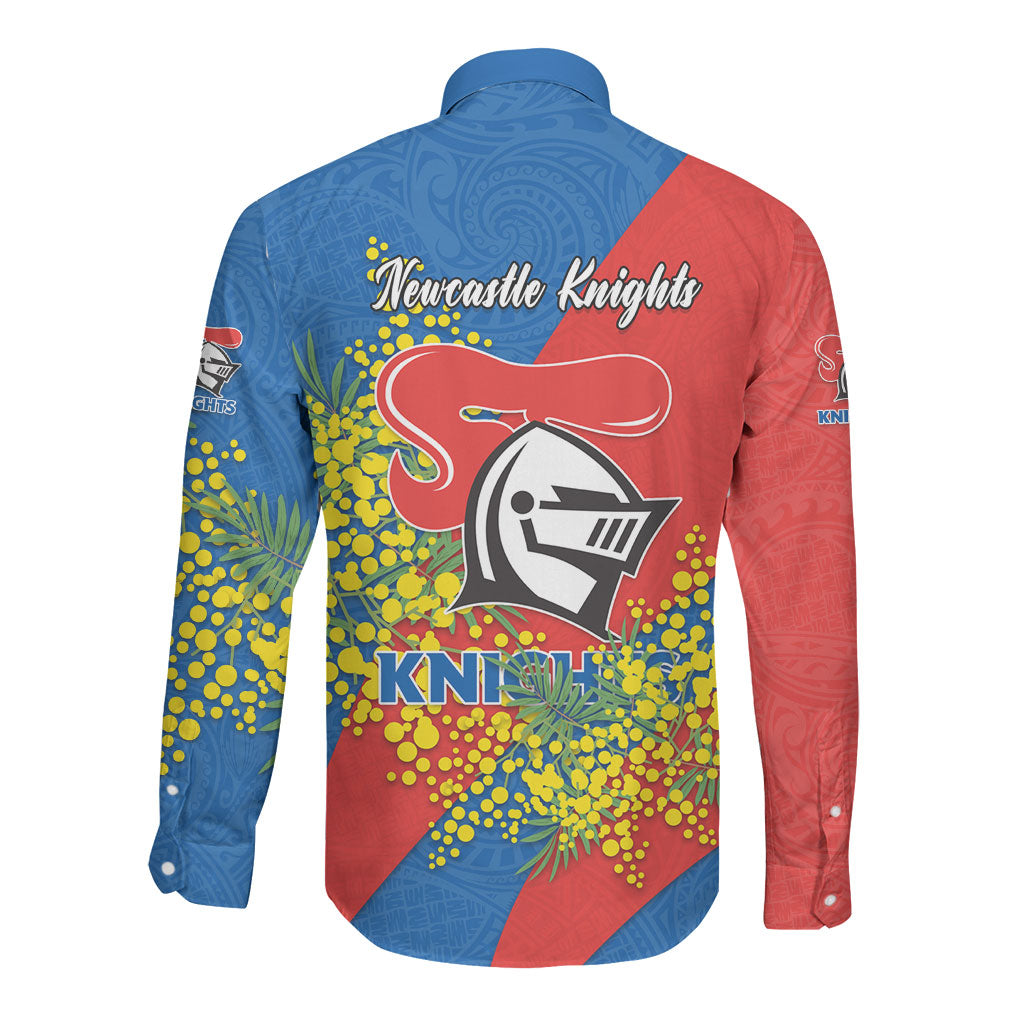 Newcastle Knights Long Sleeve Button Shirt Golden Wattle Floral Polynesian - Australian Flower - Rugby Mascot
