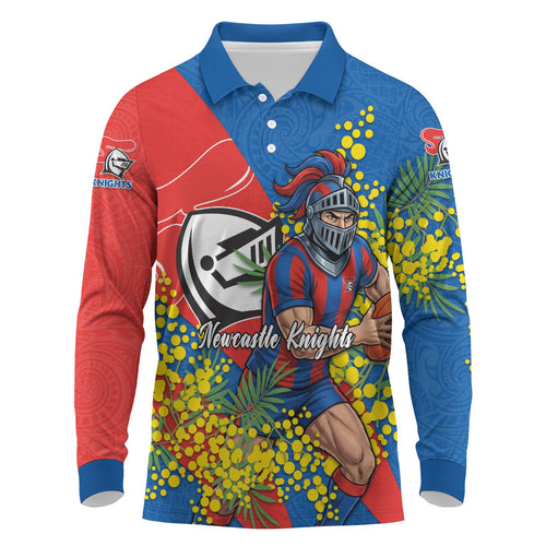 Newcastle Knights Long Sleeve Polo Shirt Golden Wattle Floral Polynesian - Australian Flower - Rugby Mascot