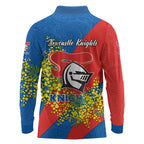 Newcastle Knights Long Sleeve Polo Shirt Golden Wattle Floral Polynesian - Australian Flower - Rugby Mascot