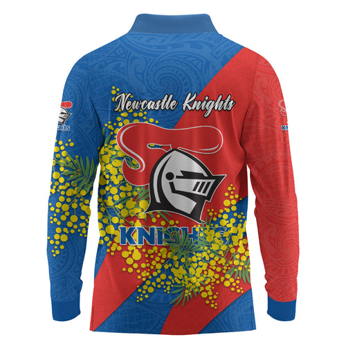 Newcastle Knights Long Sleeve Polo Shirt Golden Wattle Floral Polynesian - Australian Flower - Rugby Mascot