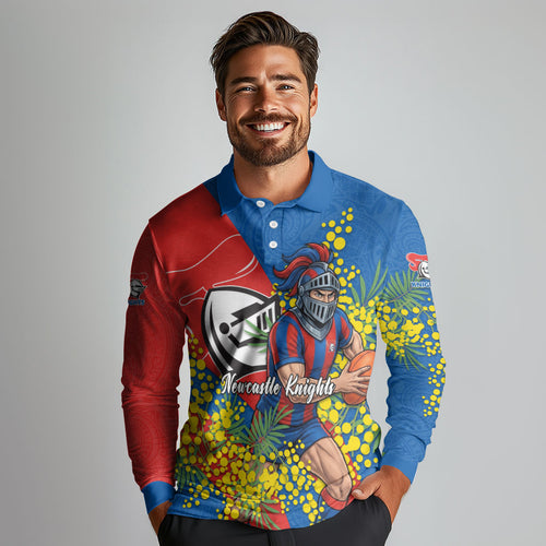 Newcastle Knights Long Sleeve Polo Shirt Golden Wattle Floral Polynesian - Australian Flower - Rugby Mascot
