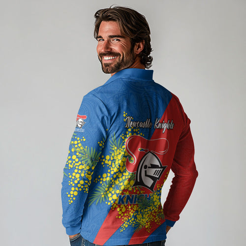 Newcastle Knights Long Sleeve Polo Shirt Golden Wattle Floral Polynesian - Australian Flower - Rugby Mascot