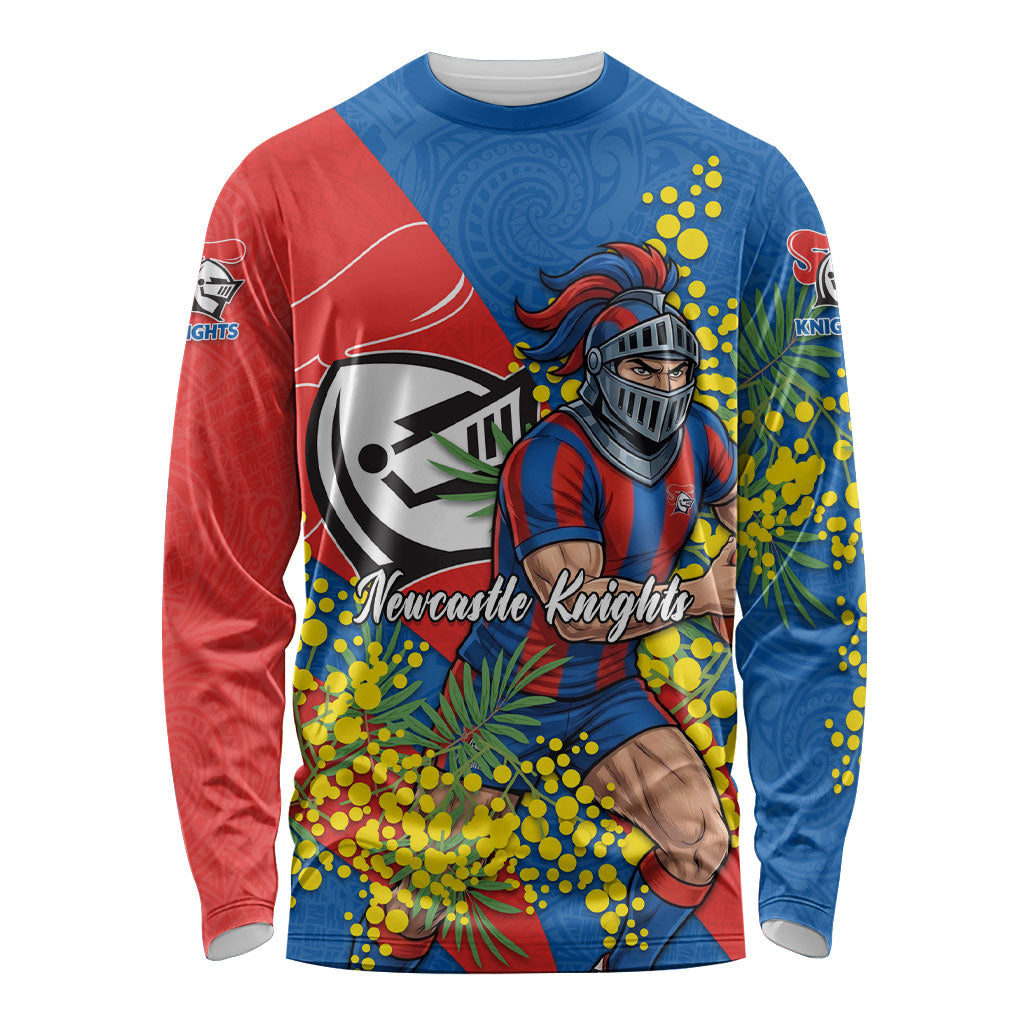 Newcastle Knights Long Sleeve Shirt Golden Wattle Floral Polynesian - Australian Flower - Rugby Mascot