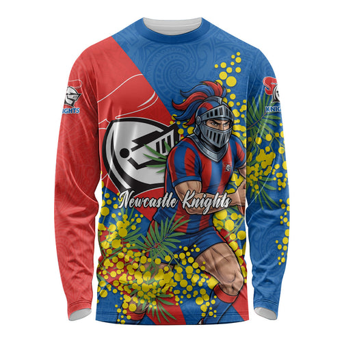 Newcastle Knights Long Sleeve Shirt Golden Wattle Floral Polynesian - Australian Flower - Rugby Mascot