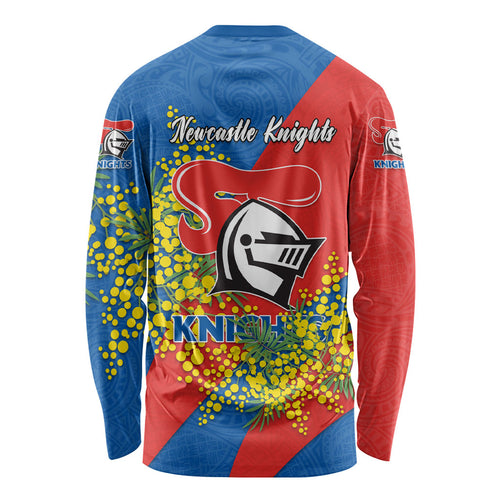 Newcastle Knights Long Sleeve Shirt Golden Wattle Floral Polynesian - Australian Flower - Rugby Mascot