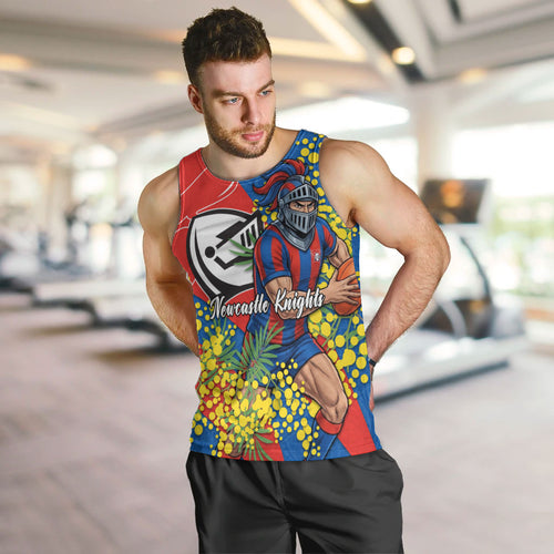 Newcastle Knights Men Tank Top Golden Wattle Floral Polynesian - Australian Flower - Rugby Mascot