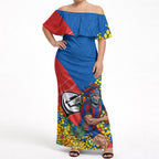 Newcastle Knights Off Shoulder Maxi Dress Golden Wattle Floral Polynesian - Australian Flower - Rugby Mascot