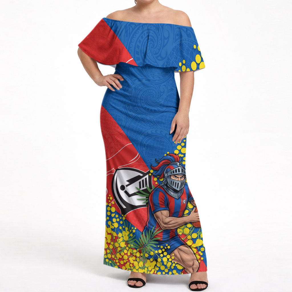 Newcastle Knights Off Shoulder Maxi Dress Golden Wattle Floral Polynesian - Australian Flower - Rugby Mascot