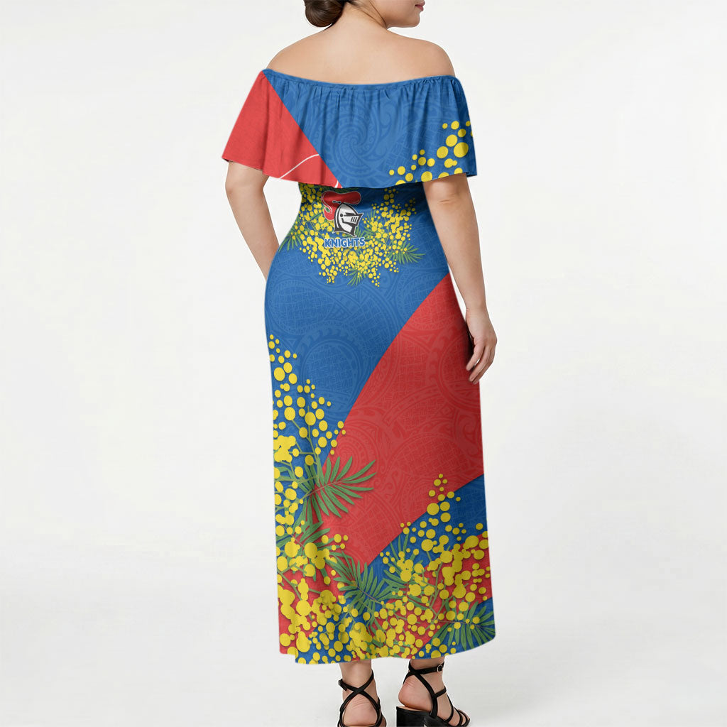 Newcastle Knights Off Shoulder Maxi Dress Golden Wattle Floral Polynesian - Australian Flower - Rugby Mascot