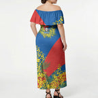 Newcastle Knights Off Shoulder Maxi Dress Golden Wattle Floral Polynesian - Australian Flower - Rugby Mascot