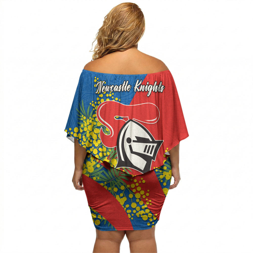Newcastle Knights Off Shoulder Short Dress Golden Wattle Floral Polynesian - Australian Flower - Rugby Mascot
