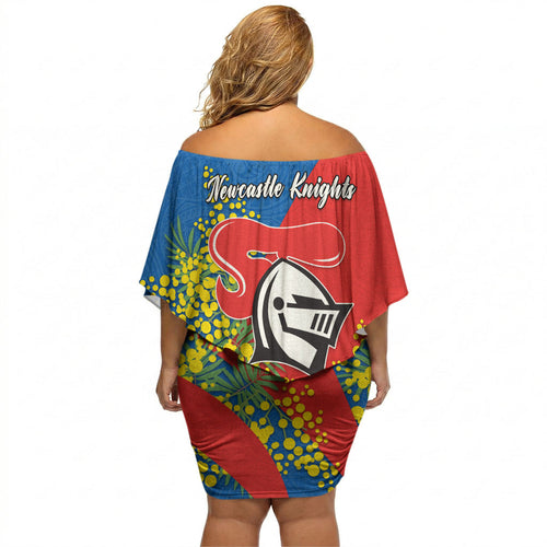 Newcastle Knights Off Shoulder Short Dress Golden Wattle Floral Polynesian - Australian Flower - Rugby Mascot