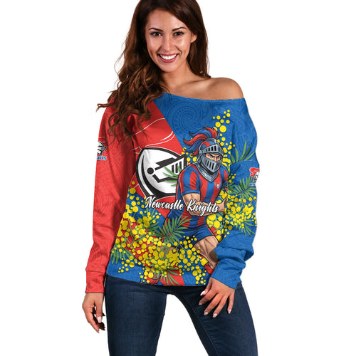 Newcastle Knights Off Shoulder Sweater Golden Wattle Floral Polynesian - Australian Flower - Rugby Mascot