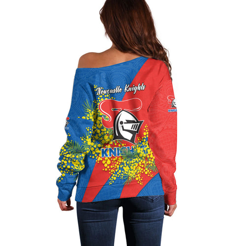 Newcastle Knights Off Shoulder Sweater Golden Wattle Floral Polynesian - Australian Flower - Rugby Mascot