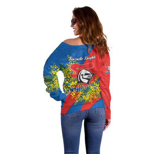 Newcastle Knights Off Shoulder Sweater Golden Wattle Floral Polynesian - Australian Flower - Rugby Mascot