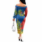 Newcastle Knights Off The Shoulder Long Sleeve Dress Golden Wattle Floral Polynesian - Australian Flower - Rugby Mascot