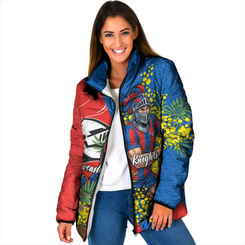 Newcastle Knights Padded Jacket Golden Wattle Floral Polynesian - Australian Flower - Rugby Mascot