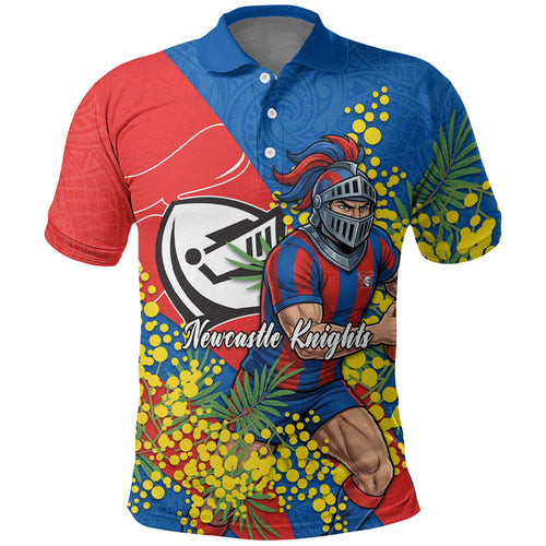 Newcastle Knights Polo Shirt Golden Wattle Floral Polynesian - Australian Flower - Rugby Mascot