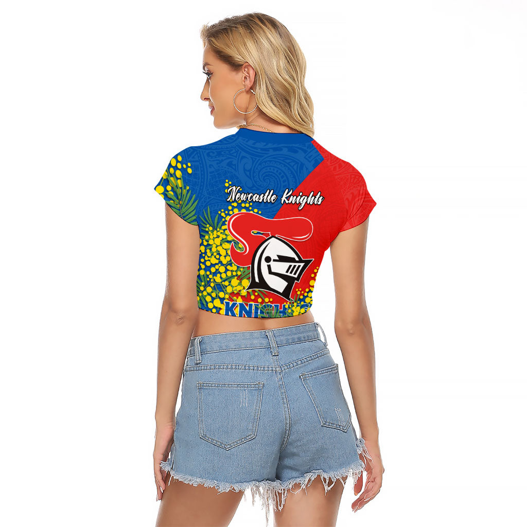 Newcastle Knights Raglan Cropped T Shirt Golden Wattle Floral Polynesian - Australian Flower - Rugby Mascot