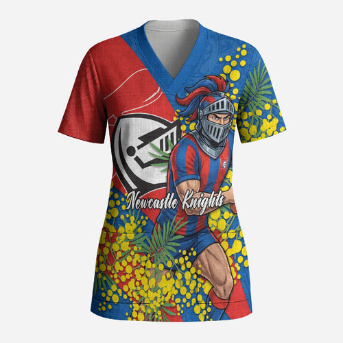 Newcastle Knights Scrub Top Golden Wattle Floral Polynesian - Australian Flower - Rugby Mascot