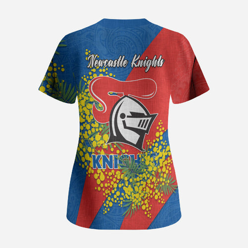 Newcastle Knights Scrub Top Golden Wattle Floral Polynesian - Australian Flower - Rugby Mascot