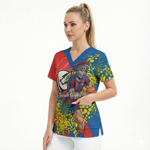 Newcastle Knights Scrub Top Golden Wattle Floral Polynesian - Australian Flower - Rugby Mascot