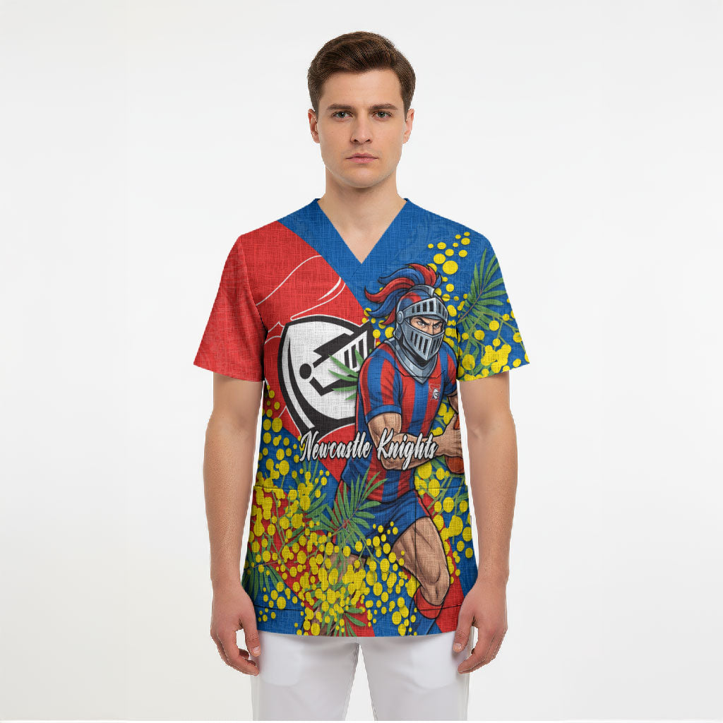 Newcastle Knights Scrub Top Golden Wattle Floral Polynesian - Australian Flower - Rugby Mascot