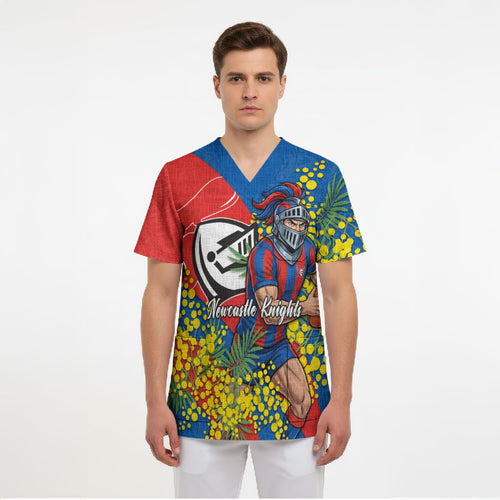 Newcastle Knights Scrub Top Golden Wattle Floral Polynesian - Australian Flower - Rugby Mascot