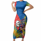 Newcastle Knights Short Sleeve Bodycon Dress Golden Wattle Floral Polynesian - Australian Flower - Rugby Mascot