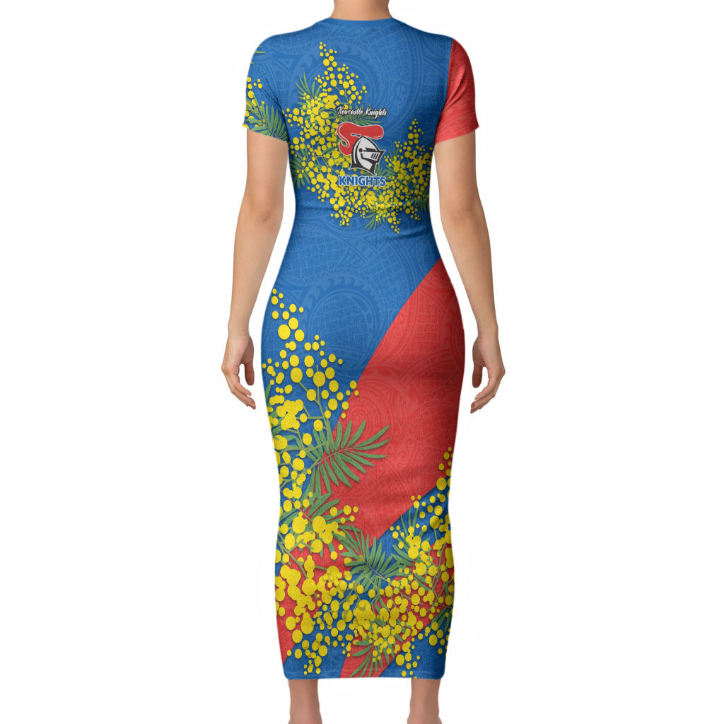 Newcastle Knights Short Sleeve Bodycon Dress Golden Wattle Floral Polynesian - Australian Flower - Rugby Mascot