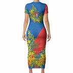 Newcastle Knights Short Sleeve Bodycon Dress Golden Wattle Floral Polynesian - Australian Flower - Rugby Mascot