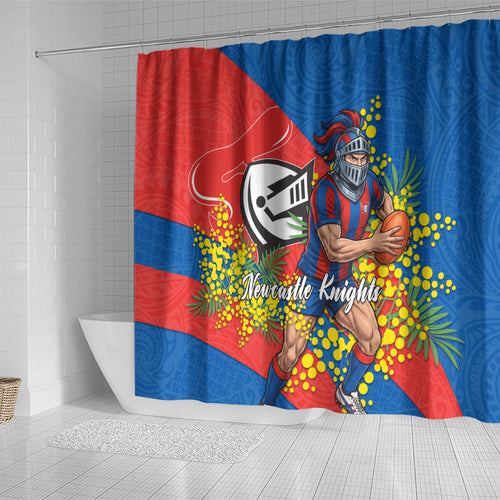 Newcastle Knights Shower Curtain Golden Wattle Floral Polynesian - Australian Flower - Rugby Mascot