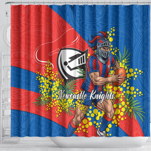 Newcastle Knights Shower Curtain Golden Wattle Floral Polynesian - Australian Flower - Rugby Mascot
