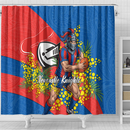 Newcastle Knights Shower Curtain Golden Wattle Floral Polynesian - Australian Flower - Rugby Mascot