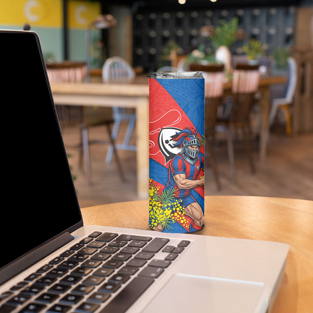 Newcastle Knights Skinny Tumbler Golden Wattle Floral Polynesian - Australian Flower - Rugby Mascot