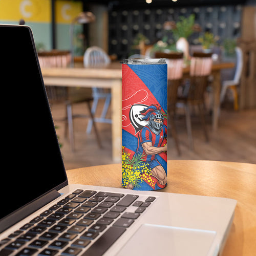 Newcastle Knights Skinny Tumbler Golden Wattle Floral Polynesian - Australian Flower - Rugby Mascot