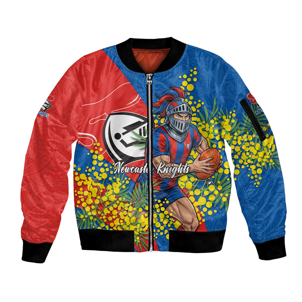Newcastle Knights Sleeve Zip Bomber Jacket Golden Wattle Floral Polynesian - Australian Flower - Rugby Mascot