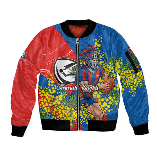 Newcastle Knights Sleeve Zip Bomber Jacket Golden Wattle Floral Polynesian - Australian Flower - Rugby Mascot