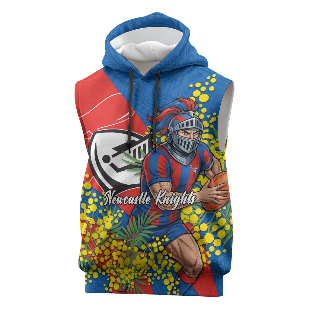 Newcastle Knights Sleeveless Hoodie Golden Wattle Floral Polynesian - Australian Flower - Rugby Mascot