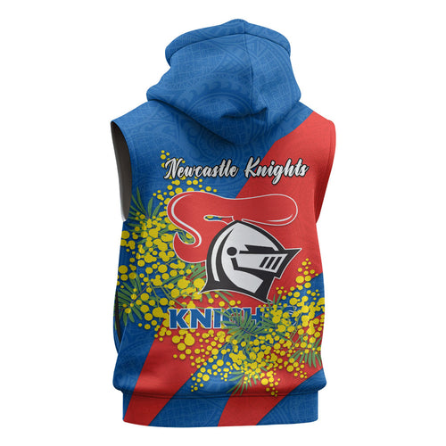 Newcastle Knights Sleeveless Hoodie Golden Wattle Floral Polynesian - Australian Flower - Rugby Mascot