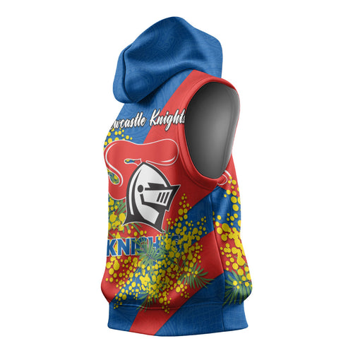 Newcastle Knights Sleeveless Hoodie Golden Wattle Floral Polynesian - Australian Flower - Rugby Mascot