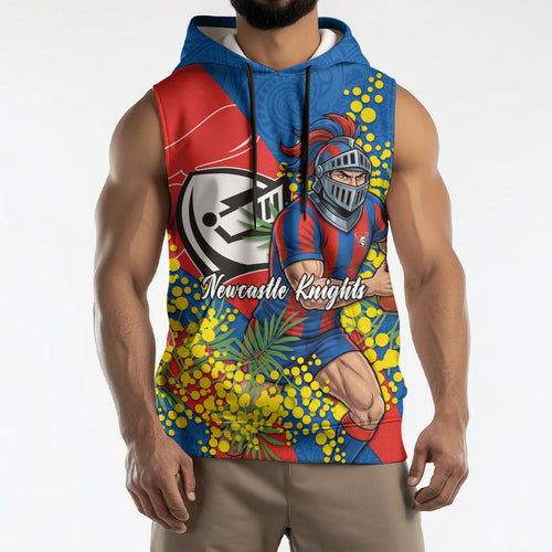 Newcastle Knights Sleeveless Hoodie Golden Wattle Floral Polynesian - Australian Flower - Rugby Mascot