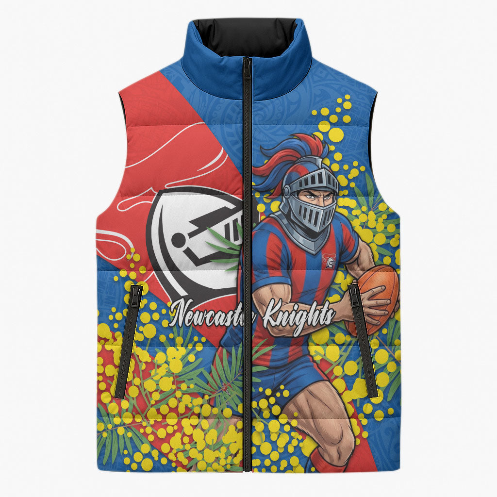 Newcastle Knights Sleeveless Puffer Jacket Golden Wattle Floral Polynesian - Australian Flower - Rugby Mascot