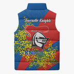 Newcastle Knights Sleeveless Puffer Jacket Golden Wattle Floral Polynesian - Australian Flower - Rugby Mascot